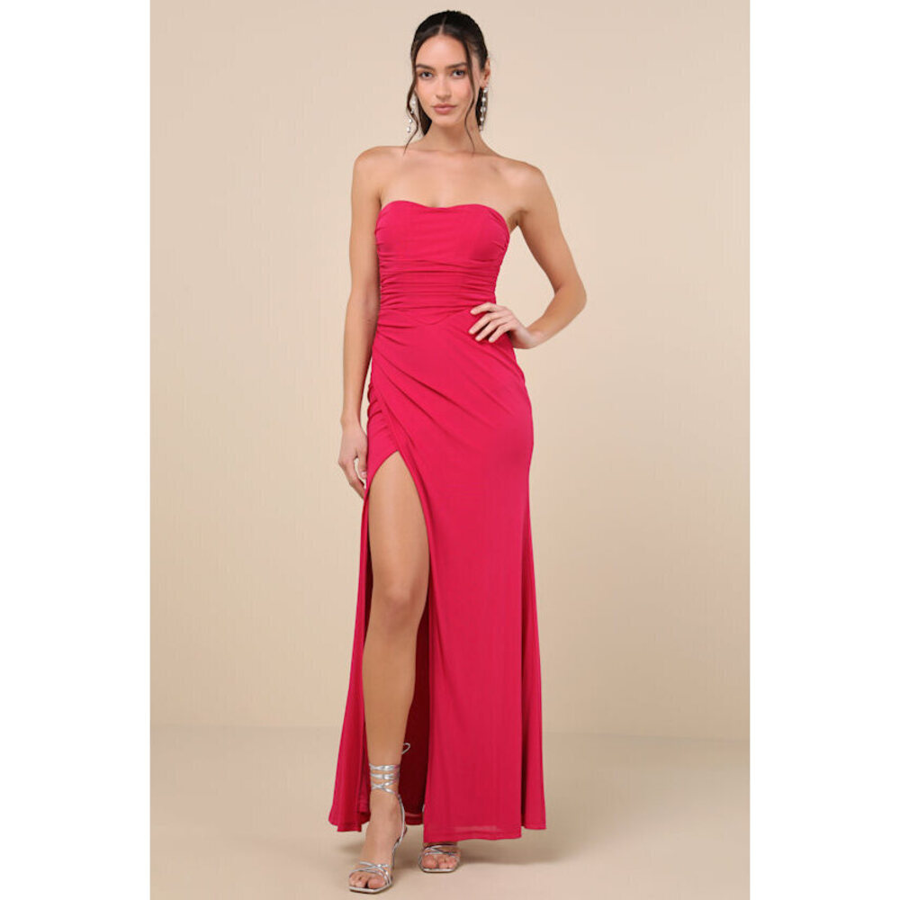NWT Lulus Epitome Of Allure Fuchsia Mesh Strapless Ruched Maxi Dress Pink - XS
